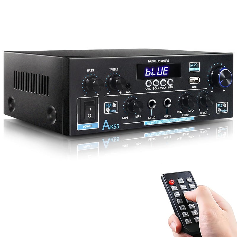 WOOPKER AK55 Stereo Amplifier Home Audio, Bluetooth 5.0 Max 450W Power Stereo Receivers 2.0 Channel Audio Amplifier for Speaker W/Remote Control/AUX/RCA/Echo/USB/2 MIC in for Home Party, Karaoke - Image 1